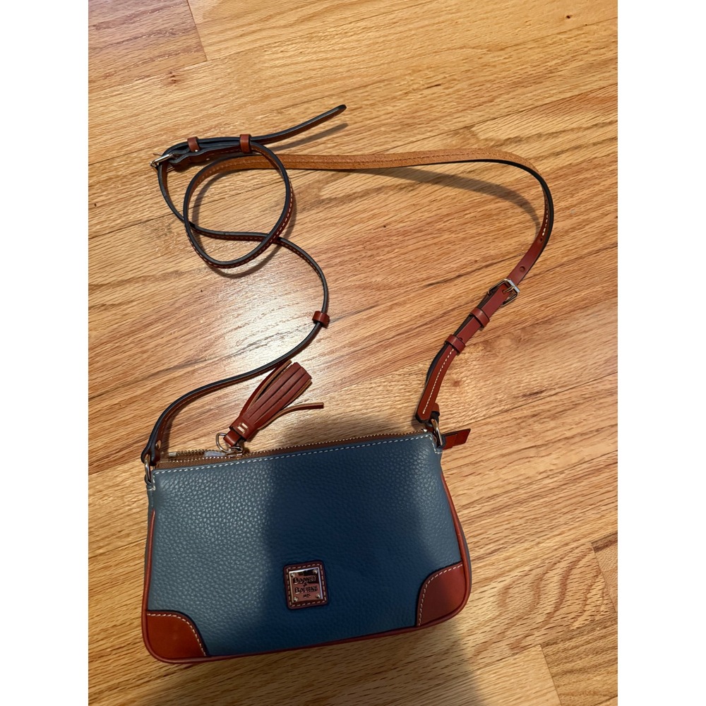 Dooney Bourke Pebble Grain Leather Crossbody Bag Gray Cognac Trim Small - Picture 2 of 7